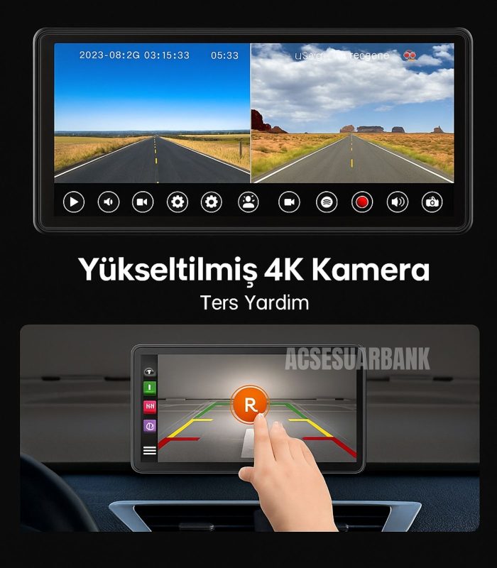 4K Çift Kameralı Araç İçi Multimedya ve Geri Görüş Sistemi