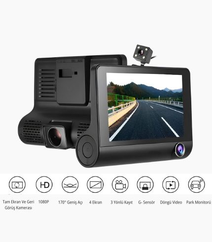 170° Geniş Açılı 3 Kameralı Araç Kamerası | 4” LCD Ekran + 1080p Yol Kayıt