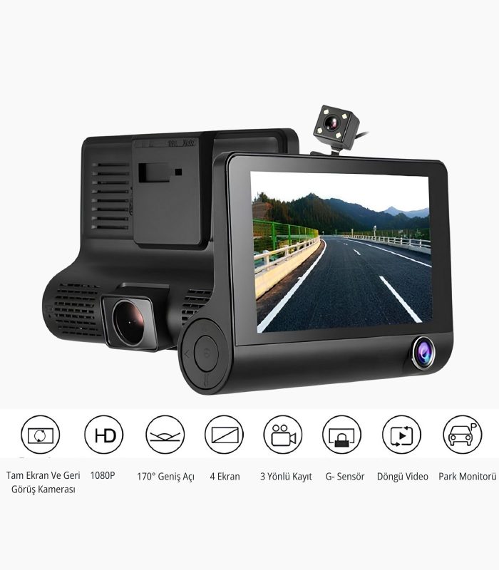 170° Geniş Açılı 3 Kameralı Araç Kamerası | 4” LCD Ekran + 1080p Yol Kayıt
