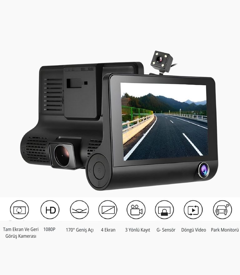 170° Geniş Açılı 3 Kameralı Araç Kamerası | 4” LCD Ekran + 1080p Yol Kayıt