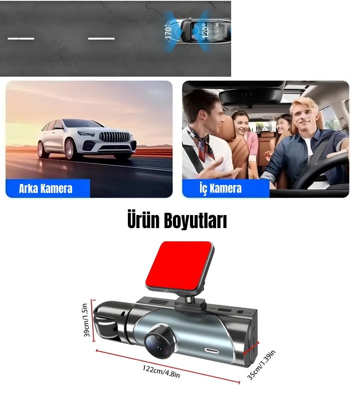 WiFi Özellikli 3 Kameralı Araç İçi Kamera 1296P