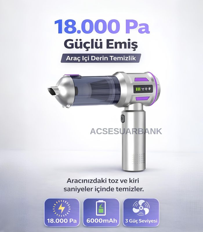 Araç İçi Süpürge 18.000 Pa Güçlü Emiş