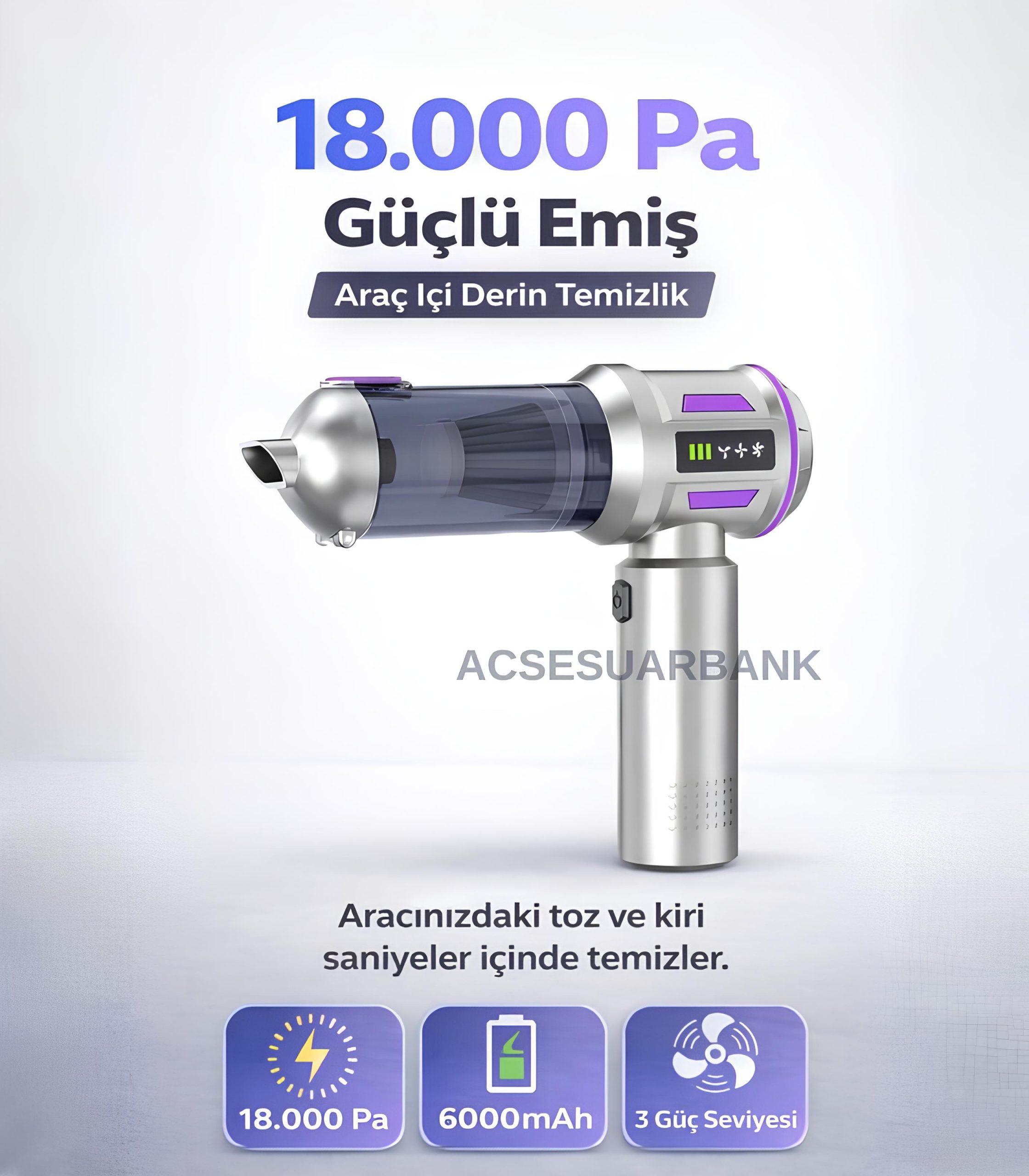 Araç İçi Süpürge 18.000 Pa Güçlü Emiş