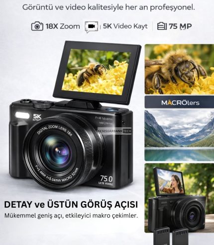 Dijital Fotoğraf Makinesi 5K 75MP – WiFi 18X Zoom Flip Ekran