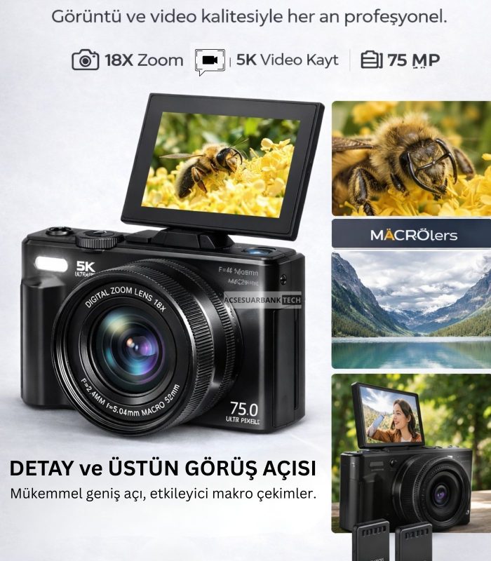Dijital Fotoğraf Makinesi 5K 75MP – WiFi 18X Zoom Flip Ekran