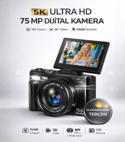 Dijital Fotoğraf Makinesi 5K 75MP – WiFi 18X Zoom Flip Ekran