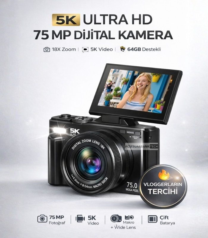 Dijital Fotoğraf Makinesi 5K 75MP – WiFi 18X Zoom Flip Ekran