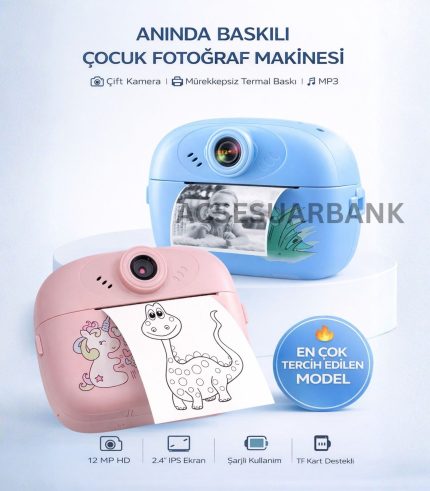Çocuk Dijital Fotoğraf Makinesi – Çift Kameralı Anında Baskılı Çek Çıkar