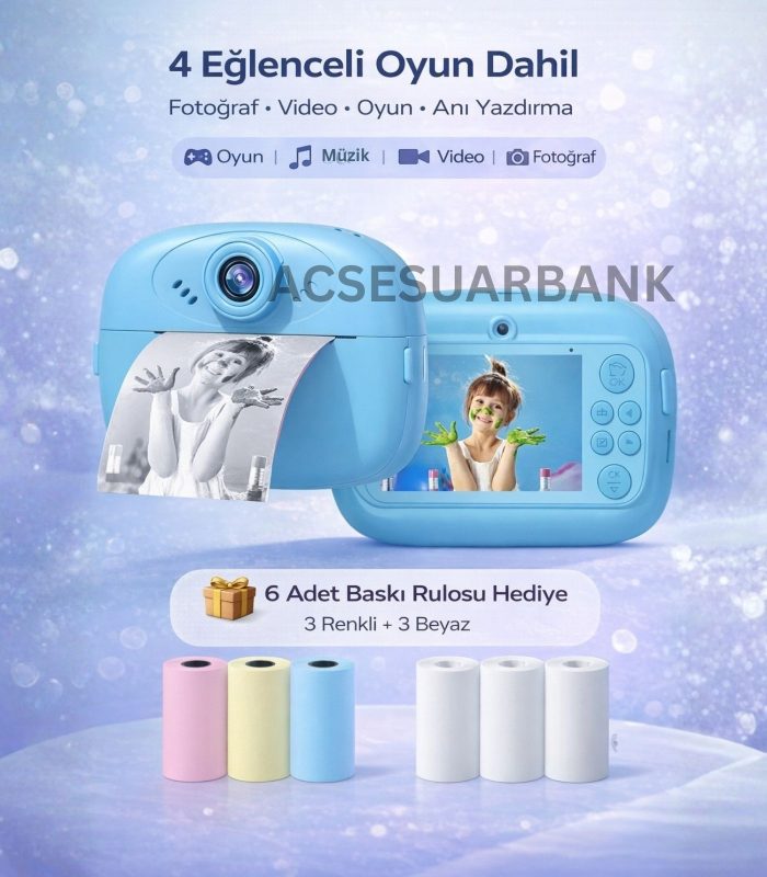 Çocuk Dijital Fotoğraf Makinesi – Çift Kameralı Anında Baskılı Çek Çıkar