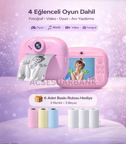 Çocuk Dijital Fotoğraf Makinesi – Çift Kameralı Anında Baskılı Çek Çıkar