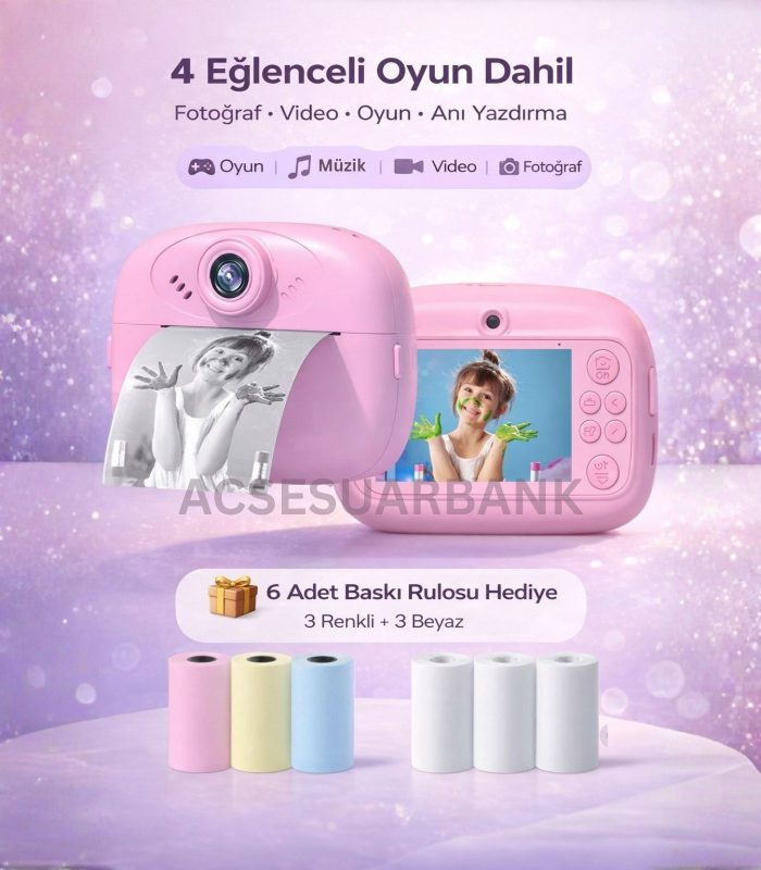 Çocuk Dijital Fotoğraf Makinesi – Çift Kameralı Anında Baskılı Çek Çıkar