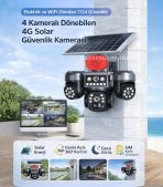 4 Kameralı Dönebilen 4G Solar Güvenlik Kamerası (SIM Kartlı, Gece Görüşlü, Sirenli)