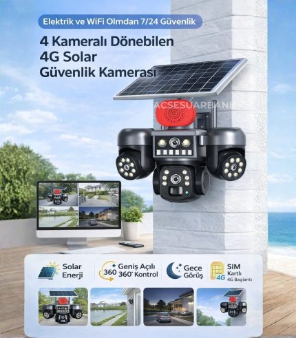 4 Kameralı Dönebilen 4G Solar Güvenlik Kamerası (SIM Kartlı, Gece Görüşlü, Sirenli)