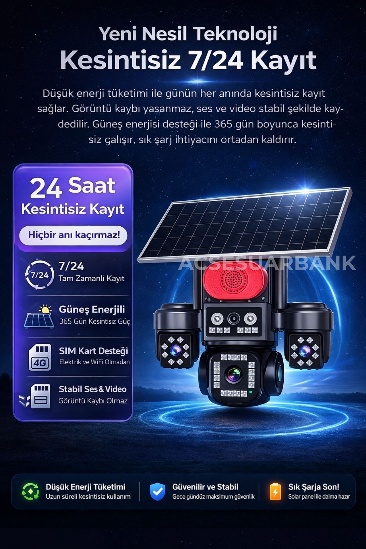4 Kameralı Dönebilen 4G Solar Güvenlik Kamerası (SIM Kartlı, Gece Görüşlü, Sirenli)