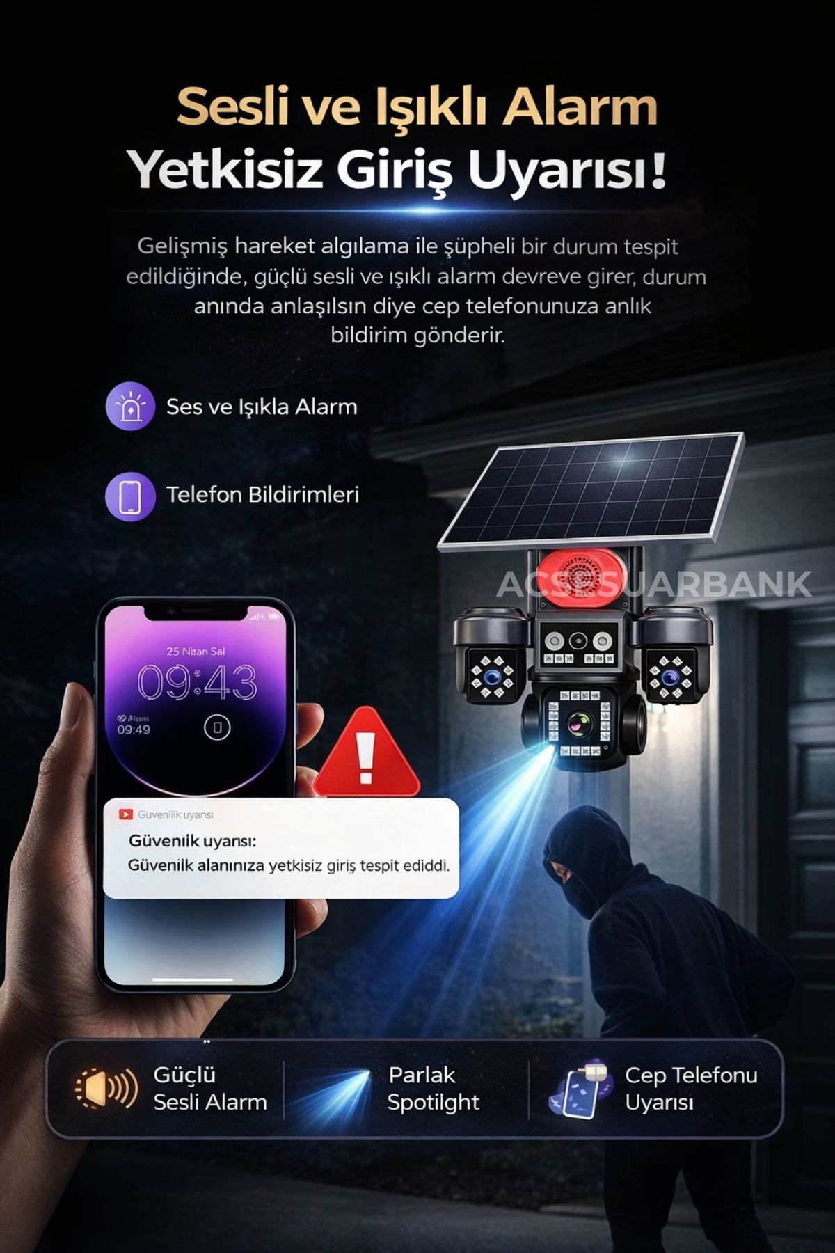 4 Kameralı Dönebilen 4G Solar Güvenlik Kamerası (SIM Kartlı, Gece Görüşlü, Sirenli)