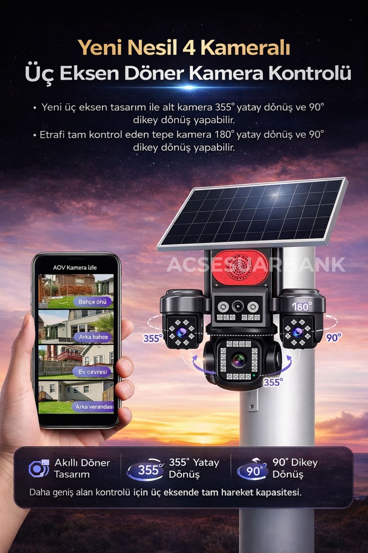 4 Kameralı Dönebilen 4G Solar Güvenlik Kamerası (SIM Kartlı, Gece Görüşlü, Sirenli)