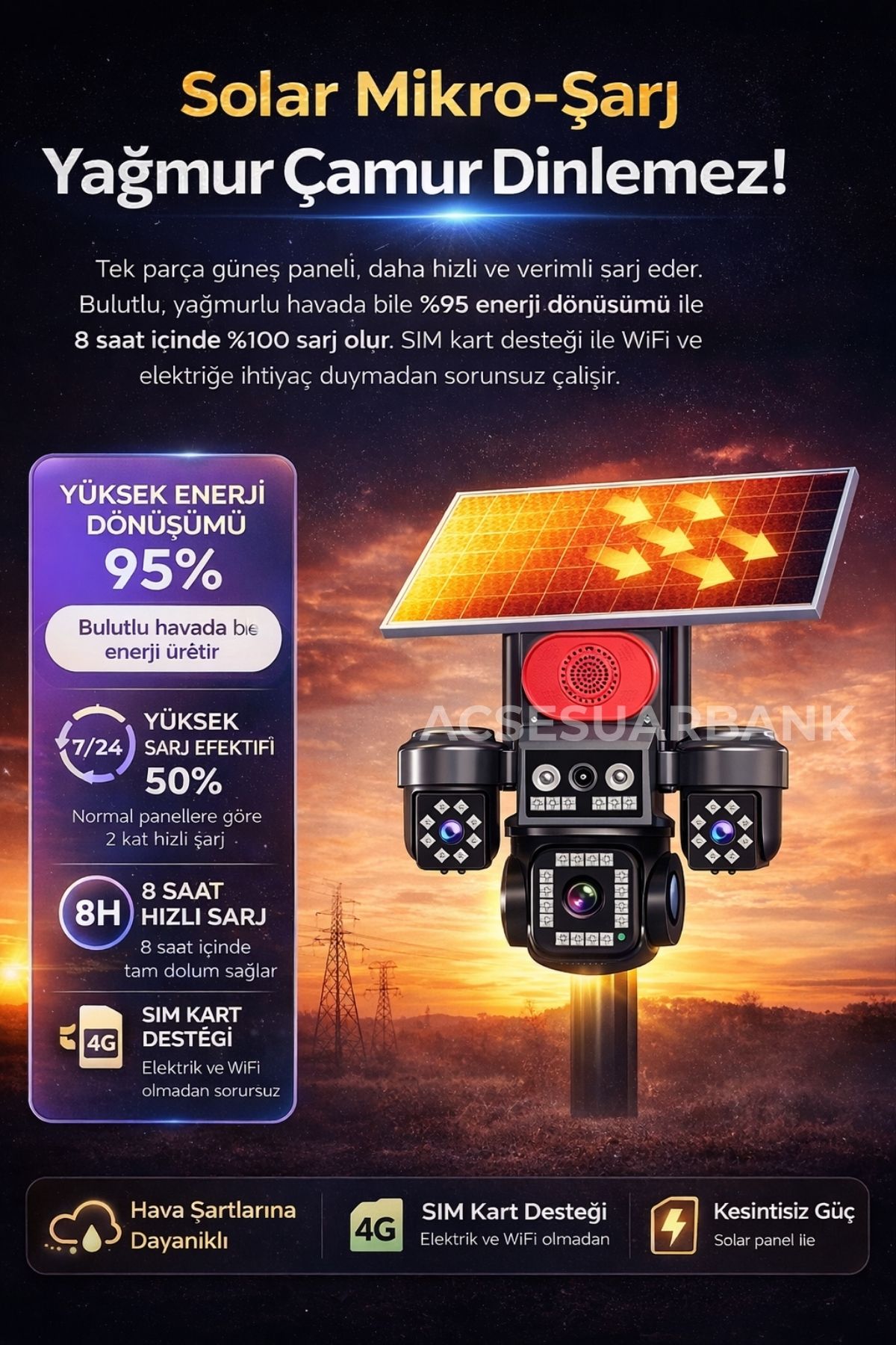 4 Kameralı Dönebilen 4G Solar Güvenlik Kamerası (SIM Kartlı, Gece Görüşlü, Sirenli)