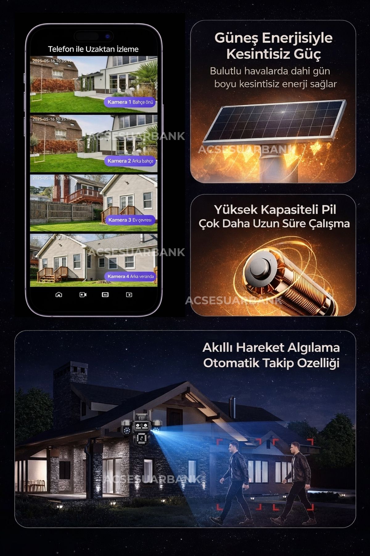 4 Kameralı Dönebilen 4G Solar Güvenlik Kamerası (SIM Kartlı, Gece Görüşlü, Sirenli)