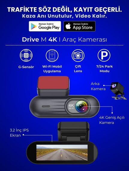 4K Araç İçi Kamera Drive M (Ön + Arka, Geniş Ekran, Kolay Kullanım, WiFi)