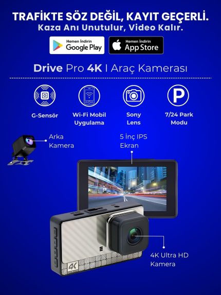 4K Araç İçi Kamera Drive Pro (Ön + Arka, Üst Seviye Görüntü, Gece Performansı)