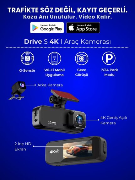 4K Araç İçi Kamera Drive S (Ön + Arka, WiFi, Gece Görüş)