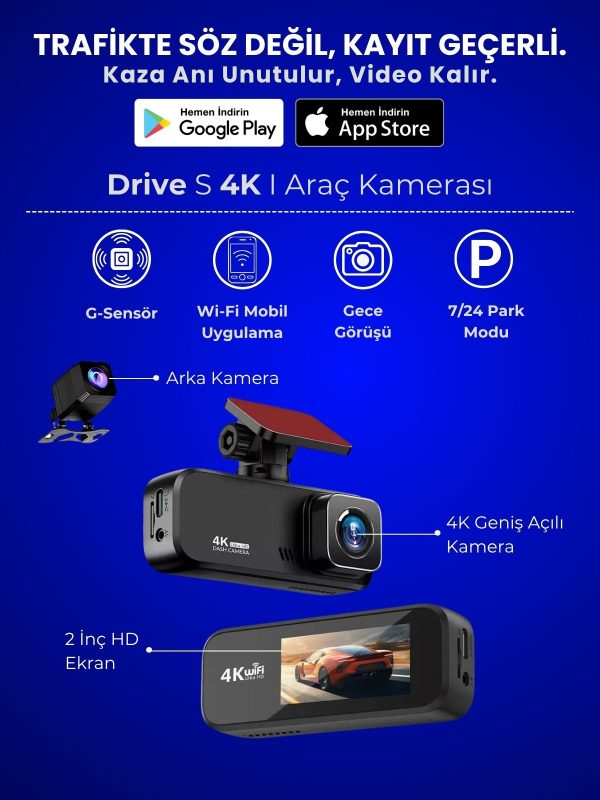 4K Araç İçi Kamera Drive S (Ön + Arka, WiFi, Gece Görüş)