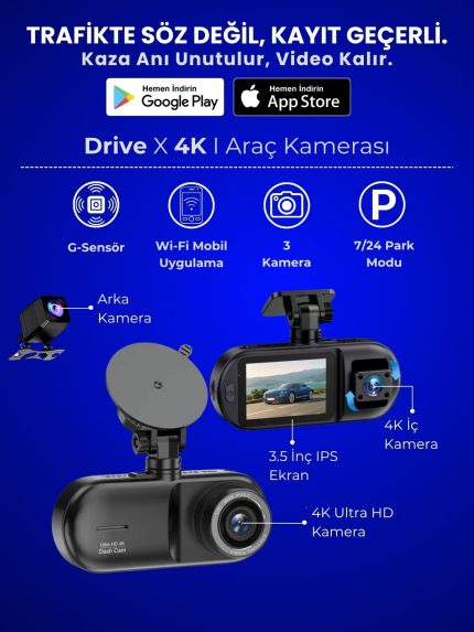 4K Araç İçi Kamera Drive X (Ön + Arka + İç, GPS, Tam Koruma)