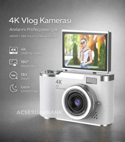 4K Dijital Fotoğraf Makinesi 48MP | 18X Zoom | Flip Ekran | Vlog Kamera | Gece Çekim