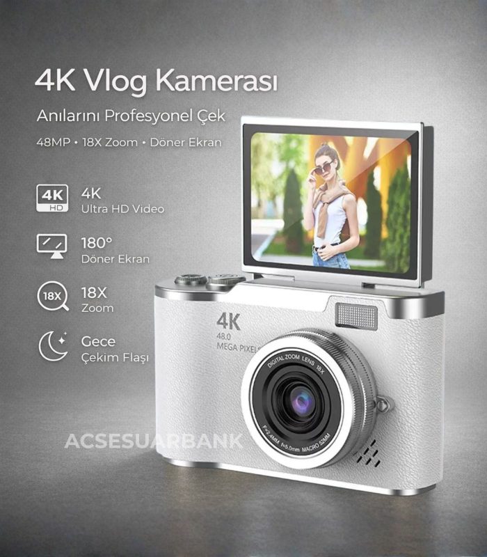 4K Dijital Fotoğraf Makinesi 48MP | 18X Zoom | Flip Ekran | Vlog Kamera | Gece Çekim