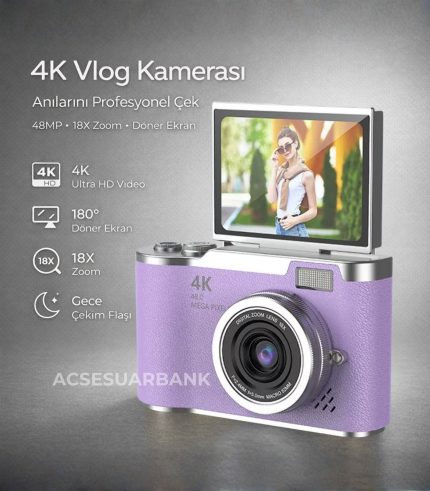 4K Dijital Fotoğraf Makinesi 48MP | 18X Zoom | Flip Ekran | Vlog Kamera | Gece Çekim