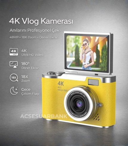 4K Dijital Fotoğraf Makinesi 48MP | 18X Zoom | Flip Ekran | Vlog Kamera | Gece Çekim