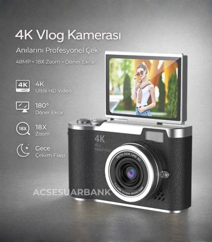 4K Dijital Fotoğraf Makinesi 48MP | 18X Zoom | Flip Ekran | Vlog Kamera | Gece Çekim