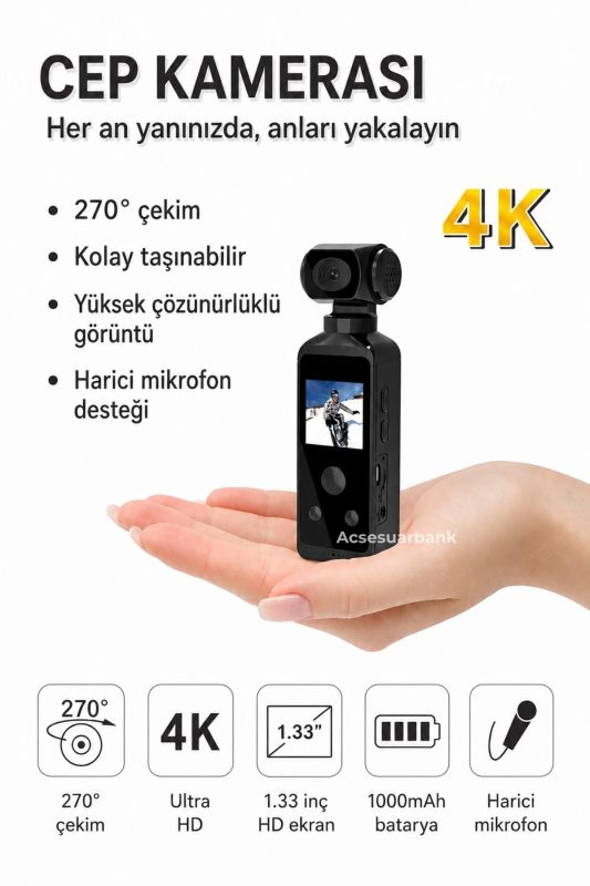 4K Ultra HD Vlog Kamera WiFi 270° Döner Lens Aksiyon Kamerası