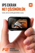 Ekranlı Vlog Kamera F2 – Kompakt Tasarım, Uzun Kayıt Süresi ve Pratik Kullanım